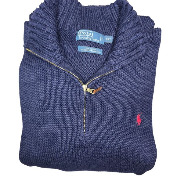 Polo Ralph Lauren Navy 1/4 Zip Pullover Sweater XXL Cotton Mens Ribbed Knit - Picture 5 of 8